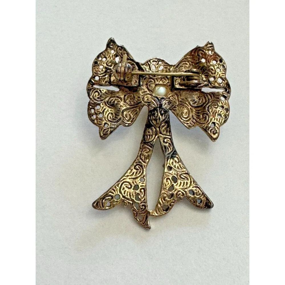 Vintage Gold Tone Bow Brooch Faux Pearl & Rhinestones 1.5 Inch